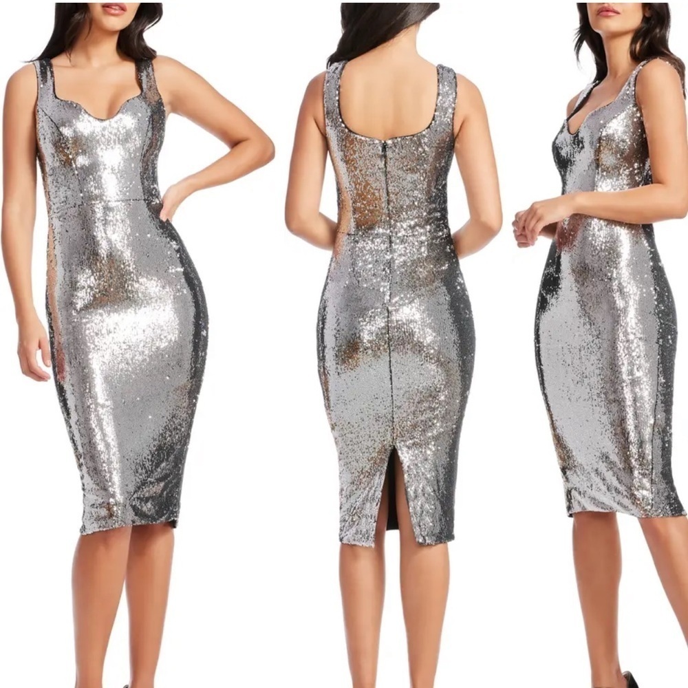NWT Dress the Population XXS Silver Sloane Sheath Midi Dress Sequin Sweetheart